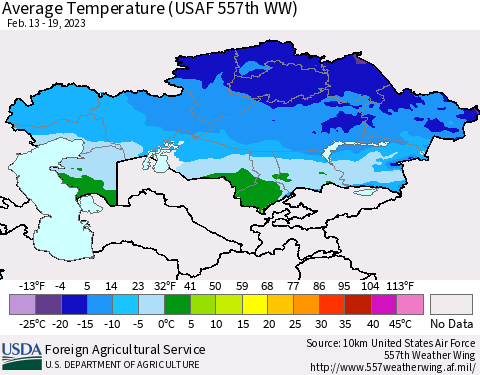 Kazakhstan Average Temperature (USAF 557th WW) Thematic Map For 2/13/2023 - 2/19/2023