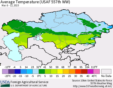 Kazakhstan Average Temperature (USAF 557th WW) Thematic Map For 3/6/2023 - 3/12/2023