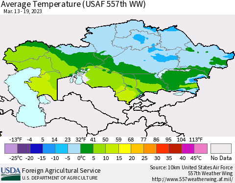 Kazakhstan Average Temperature (USAF 557th WW) Thematic Map For 3/13/2023 - 3/19/2023