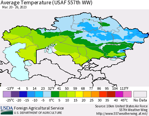 Kazakhstan Average Temperature (USAF 557th WW) Thematic Map For 3/20/2023 - 3/26/2023