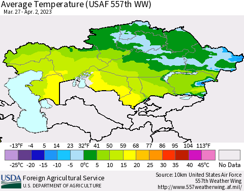Kazakhstan Average Temperature (USAF 557th WW) Thematic Map For 3/27/2023 - 4/2/2023