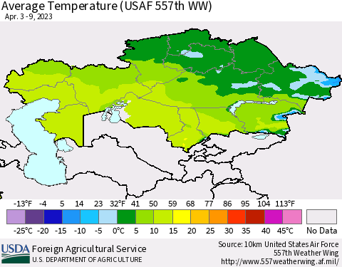 Kazakhstan Average Temperature (USAF 557th WW) Thematic Map For 4/3/2023 - 4/9/2023