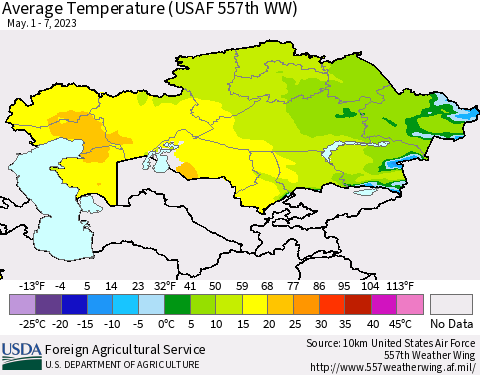 Kazakhstan Average Temperature (USAF 557th WW) Thematic Map For 5/1/2023 - 5/7/2023