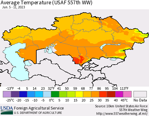 Kazakhstan Average Temperature (USAF 557th WW) Thematic Map For 6/5/2023 - 6/11/2023