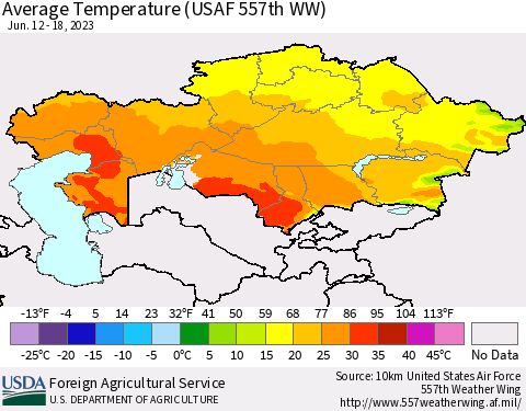 Kazakhstan Average Temperature (USAF 557th WW) Thematic Map For 6/12/2023 - 6/18/2023