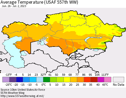 Kazakhstan Average Temperature (USAF 557th WW) Thematic Map For 6/26/2023 - 7/2/2023