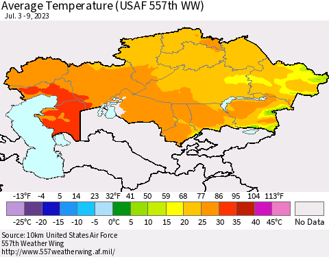 Kazakhstan Average Temperature (USAF 557th WW) Thematic Map For 7/3/2023 - 7/9/2023
