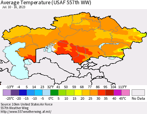 Kazakhstan Average Temperature (USAF 557th WW) Thematic Map For 7/10/2023 - 7/16/2023