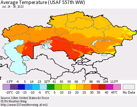 Kazakhstan Average Temperature (USAF 557th WW) Thematic Map For 7/24/2023 - 7/30/2023