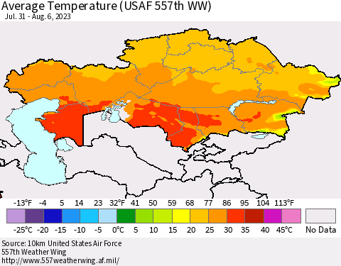 Kazakhstan Average Temperature (USAF 557th WW) Thematic Map For 7/31/2023 - 8/6/2023