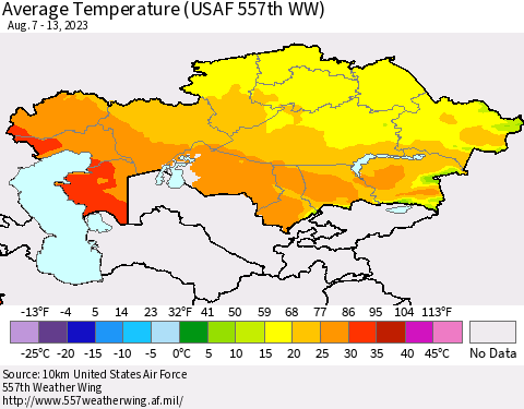 Kazakhstan Average Temperature (USAF 557th WW) Thematic Map For 8/7/2023 - 8/13/2023