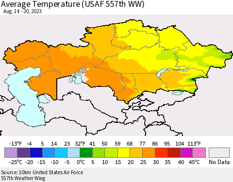 Kazakhstan Average Temperature (USAF 557th WW) Thematic Map For 8/14/2023 - 8/20/2023
