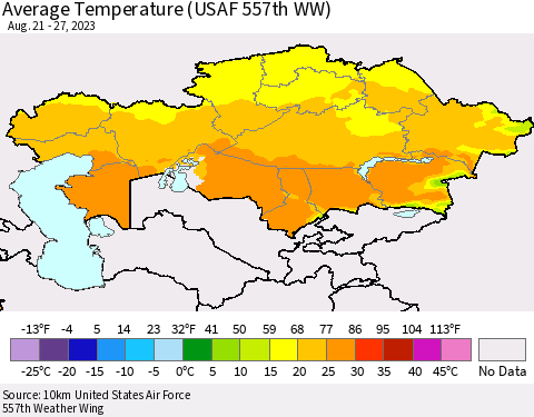 Kazakhstan Average Temperature (USAF 557th WW) Thematic Map For 8/21/2023 - 8/27/2023