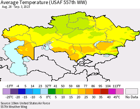Kazakhstan Average Temperature (USAF 557th WW) Thematic Map For 8/28/2023 - 9/3/2023