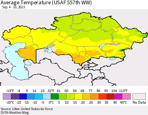 Kazakhstan Average Temperature (USAF 557th WW) Thematic Map For 9/4/2023 - 9/10/2023