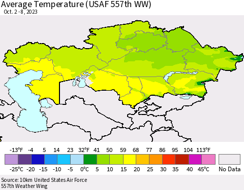 Kazakhstan Average Temperature (USAF 557th WW) Thematic Map For 10/2/2023 - 10/8/2023
