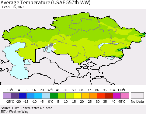 Kazakhstan Average Temperature (USAF 557th WW) Thematic Map For 10/9/2023 - 10/15/2023
