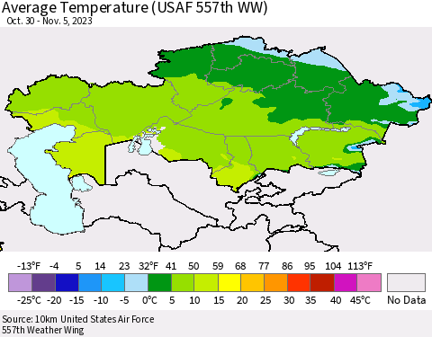 Kazakhstan Average Temperature (USAF 557th WW) Thematic Map For 10/30/2023 - 11/5/2023