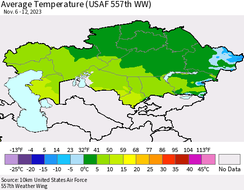 Kazakhstan Average Temperature (USAF 557th WW) Thematic Map For 11/6/2023 - 11/12/2023