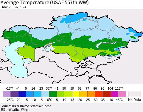 Kazakhstan Average Temperature (USAF 557th WW) Thematic Map For 11/20/2023 - 11/26/2023