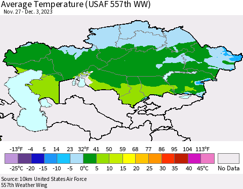 Kazakhstan Average Temperature (USAF 557th WW) Thematic Map For 11/27/2023 - 12/3/2023