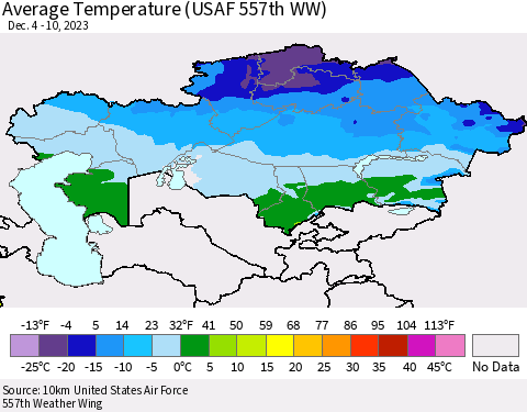 Kazakhstan Average Temperature (USAF 557th WW) Thematic Map For 12/4/2023 - 12/10/2023