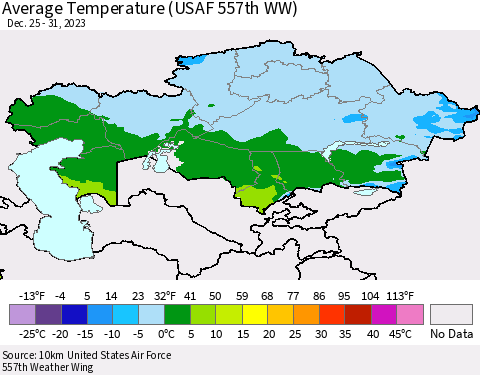 Kazakhstan Average Temperature (USAF 557th WW) Thematic Map For 12/25/2023 - 12/31/2023