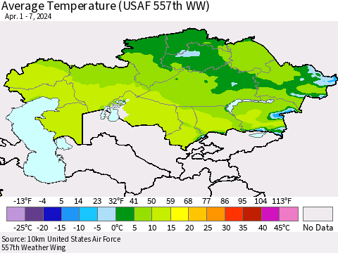 Kazakhstan Average Temperature (USAF 557th WW) Thematic Map For 4/1/2024 - 4/7/2024