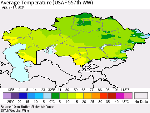 Kazakhstan Average Temperature (USAF 557th WW) Thematic Map For 4/8/2024 - 4/14/2024