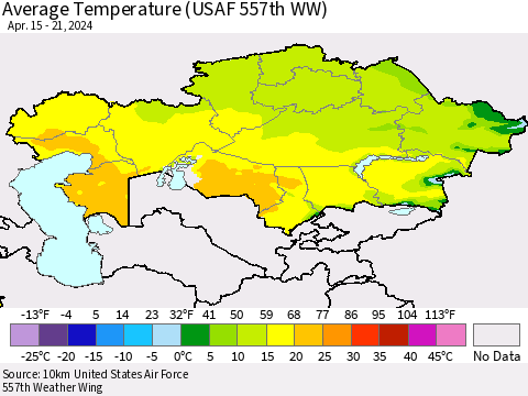 Kazakhstan Average Temperature (USAF 557th WW) Thematic Map For 4/15/2024 - 4/21/2024