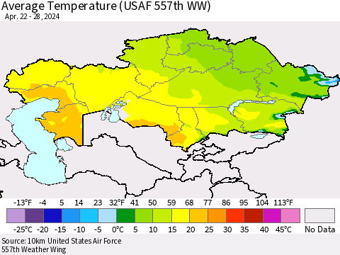 Kazakhstan Average Temperature (USAF 557th WW) Thematic Map For 4/22/2024 - 4/28/2024