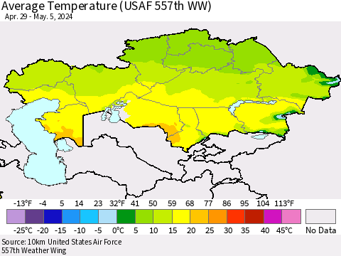 Kazakhstan Average Temperature (USAF 557th WW) Thematic Map For 4/29/2024 - 5/5/2024