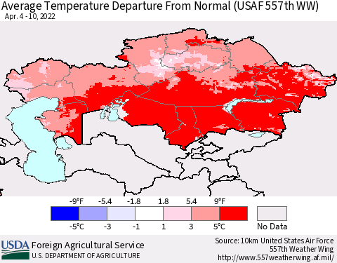 Kazakhstan Average Temperature Departure from Normal (USAF 557th WW) Thematic Map For 4/4/2022 - 4/10/2022