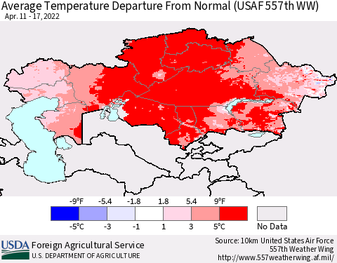 Kazakhstan Average Temperature Departure from Normal (USAF 557th WW) Thematic Map For 4/11/2022 - 4/17/2022