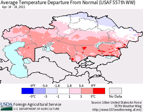 Kazakhstan Average Temperature Departure from Normal (USAF 557th WW) Thematic Map For 4/18/2022 - 4/24/2022