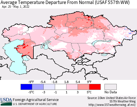 Kazakhstan Average Temperature Departure from Normal (USAF 557th WW) Thematic Map For 4/25/2022 - 5/1/2022