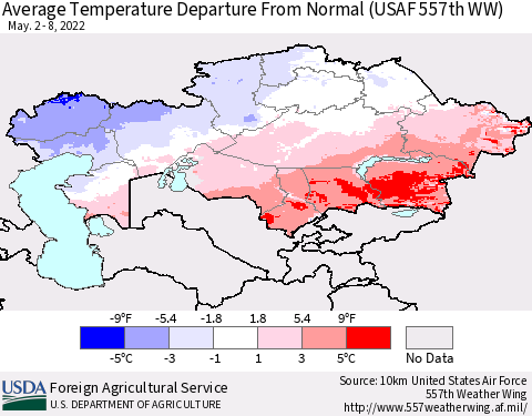 Kazakhstan Average Temperature Departure from Normal (USAF 557th WW) Thematic Map For 5/2/2022 - 5/8/2022