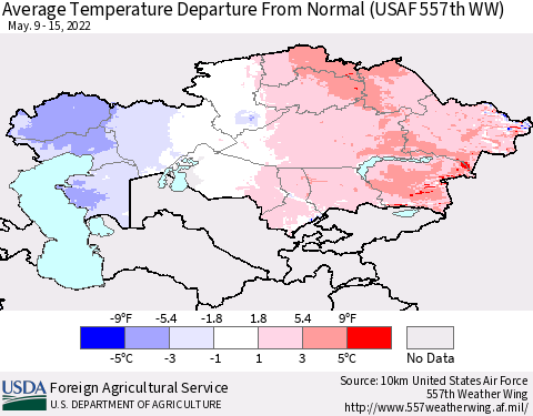 Kazakhstan Average Temperature Departure from Normal (USAF 557th WW) Thematic Map For 5/9/2022 - 5/15/2022
