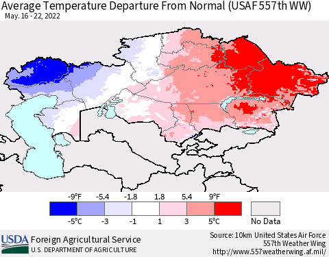 Kazakhstan Average Temperature Departure from Normal (USAF 557th WW) Thematic Map For 5/16/2022 - 5/22/2022