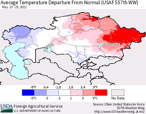 Kazakhstan Average Temperature Departure from Normal (USAF 557th WW) Thematic Map For 5/23/2022 - 5/29/2022