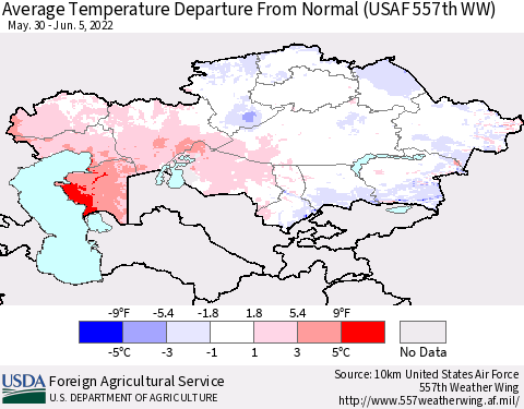 Kazakhstan Average Temperature Departure from Normal (USAF 557th WW) Thematic Map For 5/30/2022 - 6/5/2022