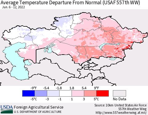 Kazakhstan Average Temperature Departure from Normal (USAF 557th WW) Thematic Map For 6/6/2022 - 6/12/2022