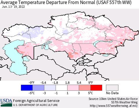 Kazakhstan Average Temperature Departure from Normal (USAF 557th WW) Thematic Map For 6/13/2022 - 6/19/2022