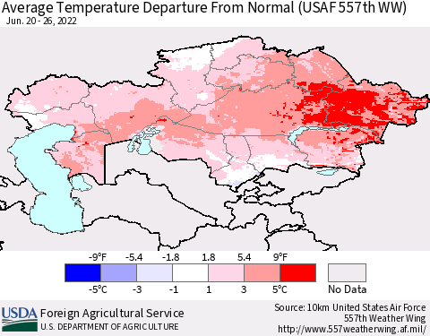 Kazakhstan Average Temperature Departure from Normal (USAF 557th WW) Thematic Map For 6/20/2022 - 6/26/2022