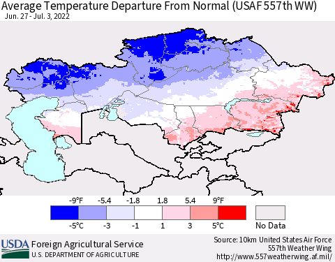 Kazakhstan Average Temperature Departure from Normal (USAF 557th WW) Thematic Map For 6/27/2022 - 7/3/2022