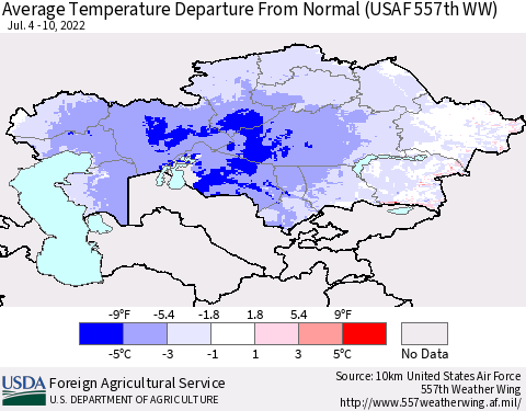 Kazakhstan Average Temperature Departure from Normal (USAF 557th WW) Thematic Map For 7/4/2022 - 7/10/2022