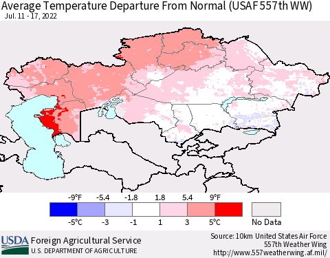 Kazakhstan Average Temperature Departure from Normal (USAF 557th WW) Thematic Map For 7/11/2022 - 7/17/2022