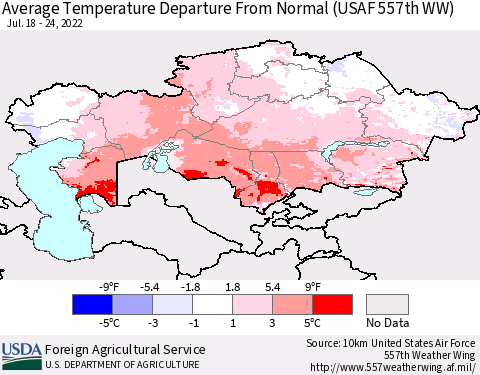 Kazakhstan Average Temperature Departure from Normal (USAF 557th WW) Thematic Map For 7/18/2022 - 7/24/2022