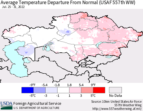 Kazakhstan Average Temperature Departure from Normal (USAF 557th WW) Thematic Map For 7/25/2022 - 7/31/2022