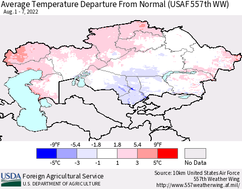 Kazakhstan Average Temperature Departure from Normal (USAF 557th WW) Thematic Map For 8/1/2022 - 8/7/2022